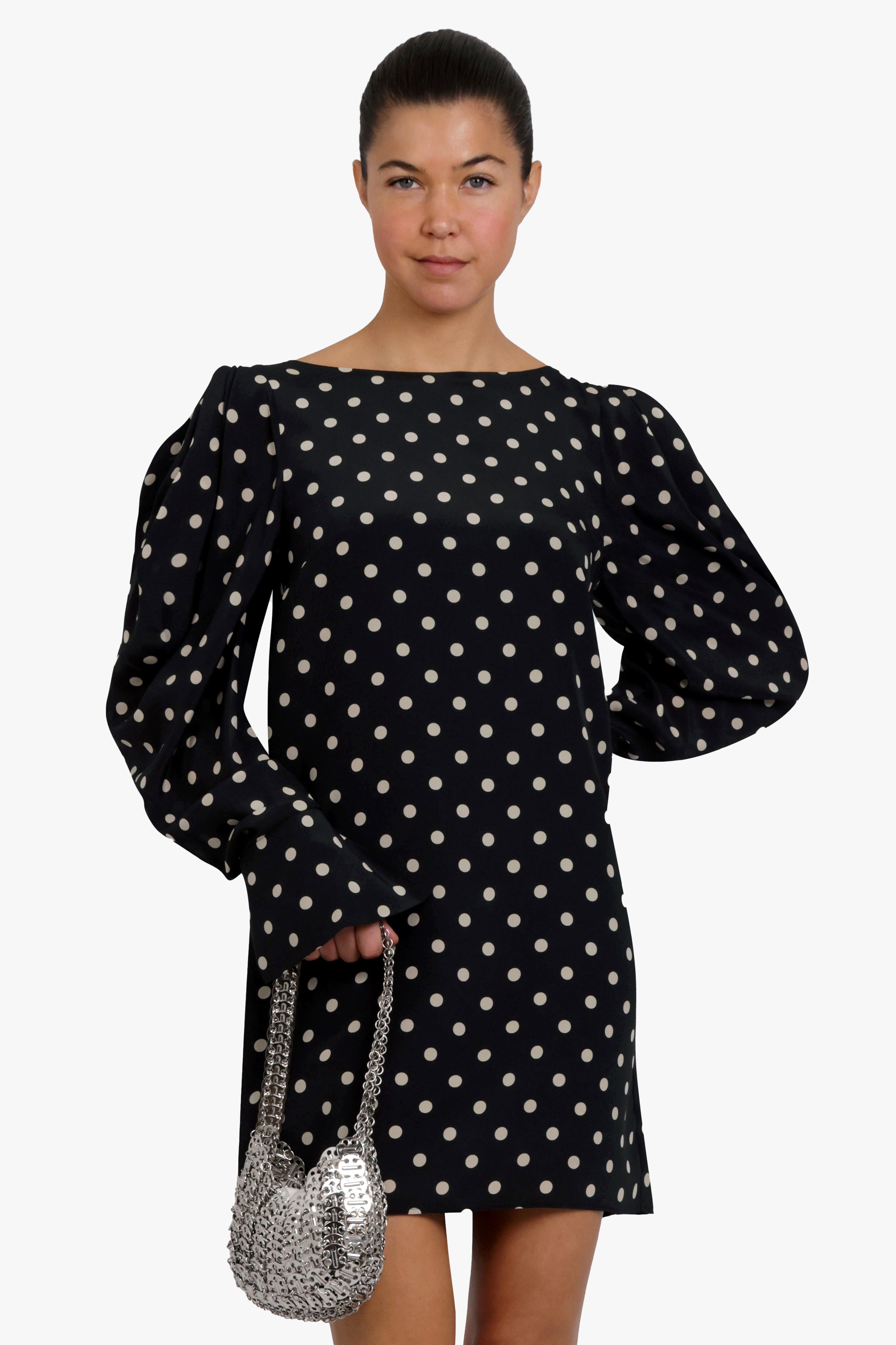 Crepe De Chine Mini Polka Dot Puff Sleeve Dress | Black/White