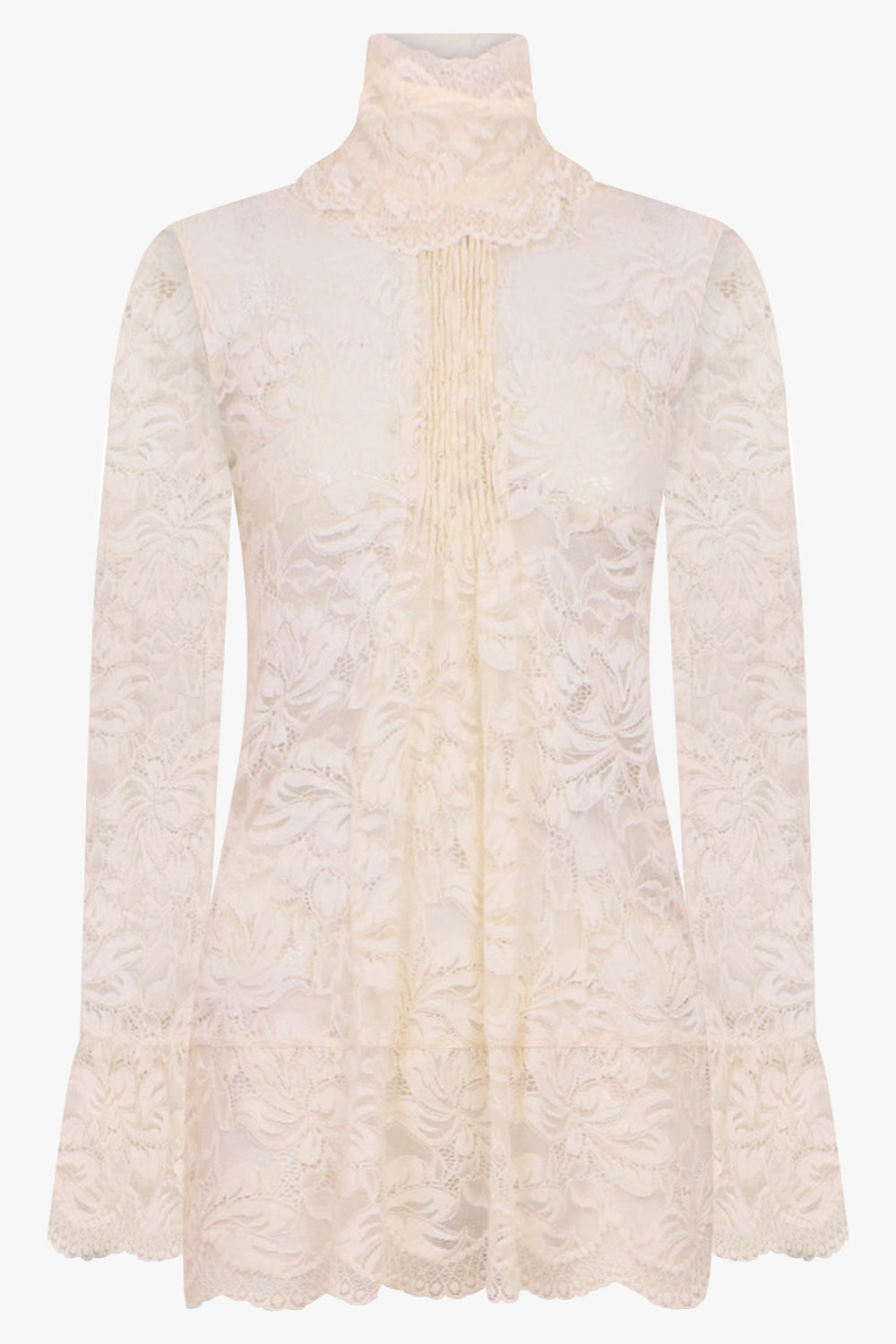 RABANNE RTW High Neck L/S Pleat Detail Lace Top | Ivory