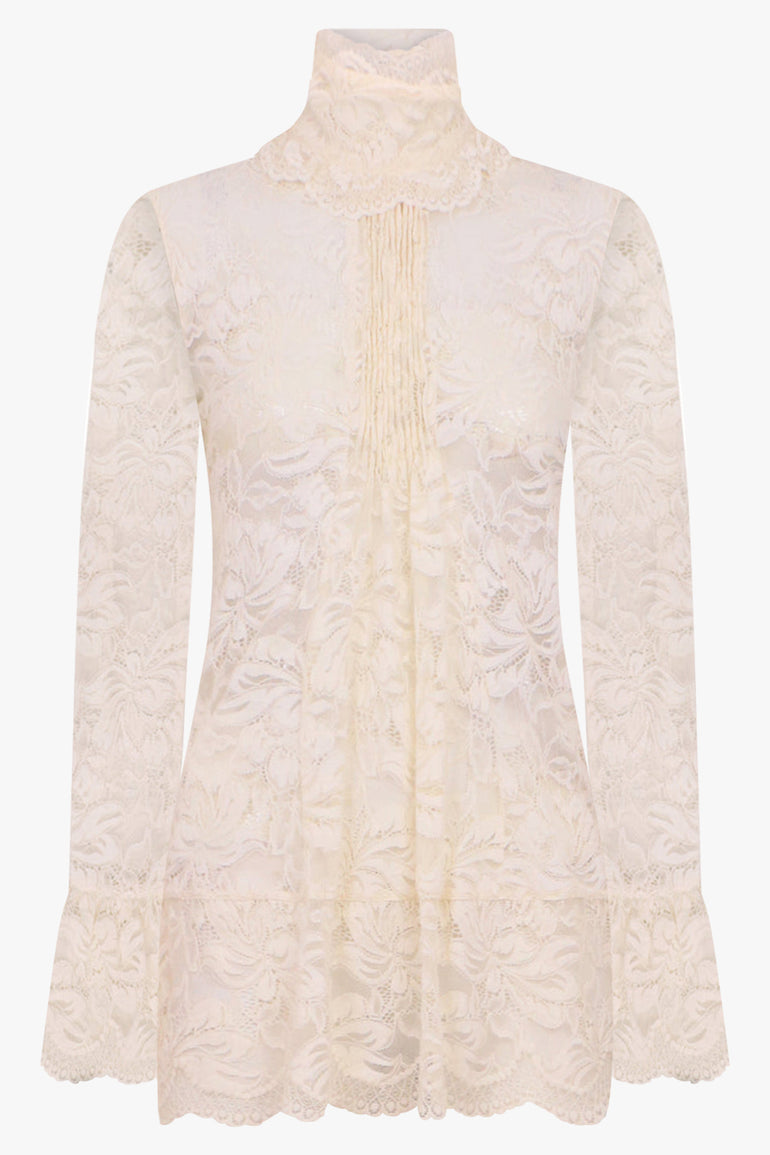 RABANNE RTW High Neck L/S Pleat Detail Lace Top | Ivory