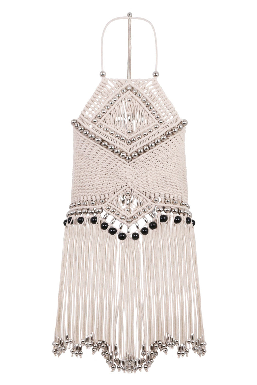 RABANNE RTW MACRAME FRINGED HALTER CROPPED TOP | NATURAL