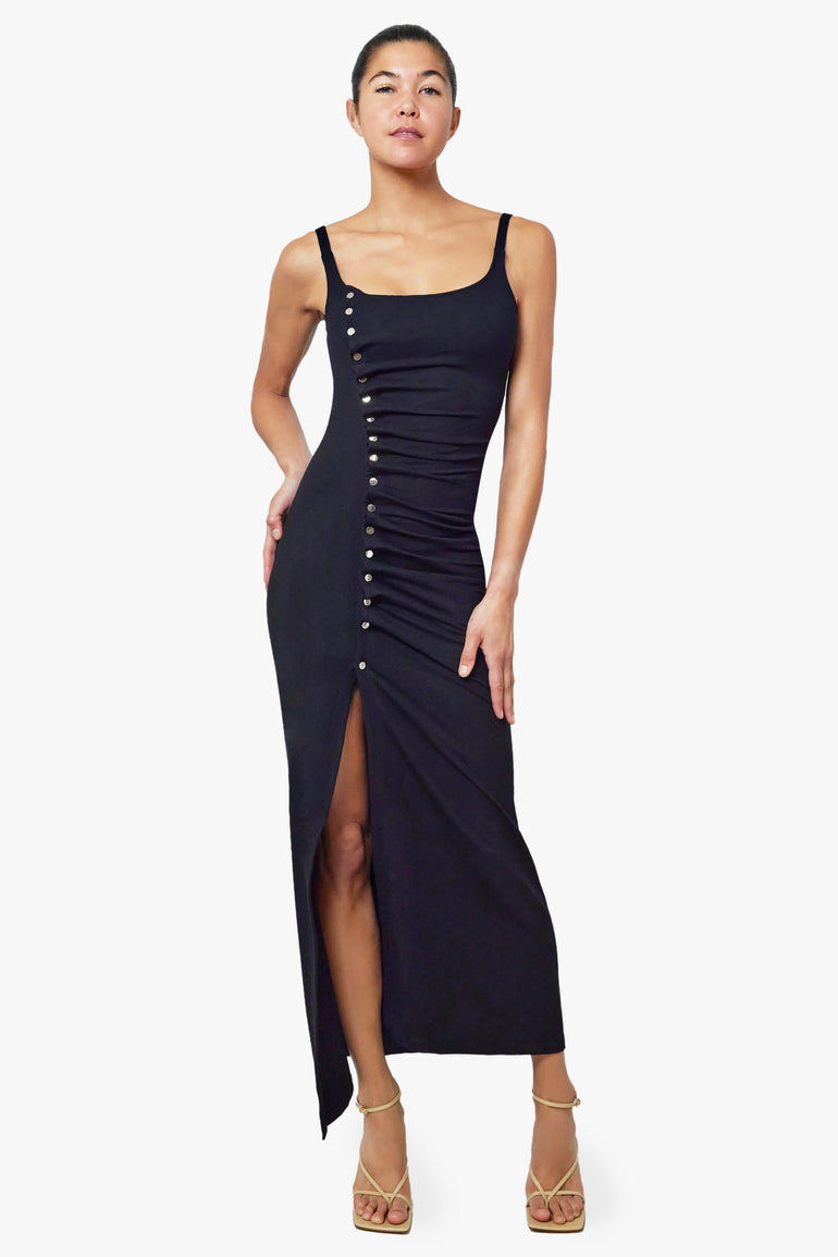 RABANNE RTW SLEEVELESS BUTTON DOWN RUCHED ASYMMETRIC LUREX MAXI DRESS | BLACK JERSEY