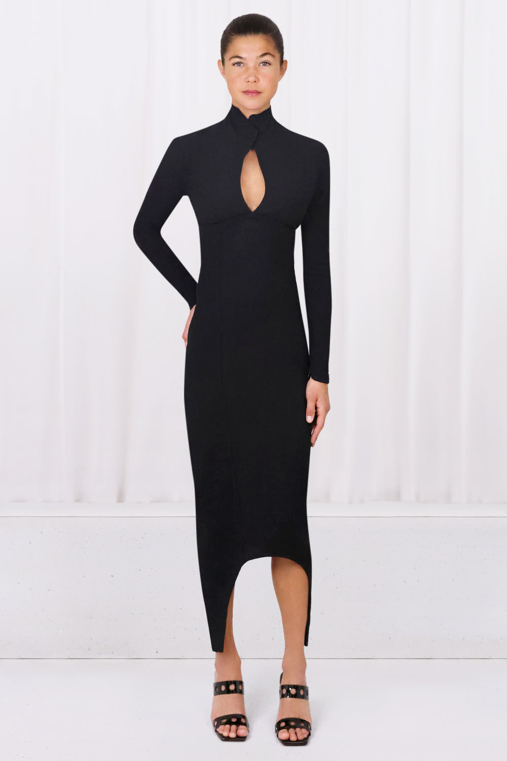 PATOU RTW CURVE LONG SLEEVE CUT OUT MIDI DRESS | BLACK