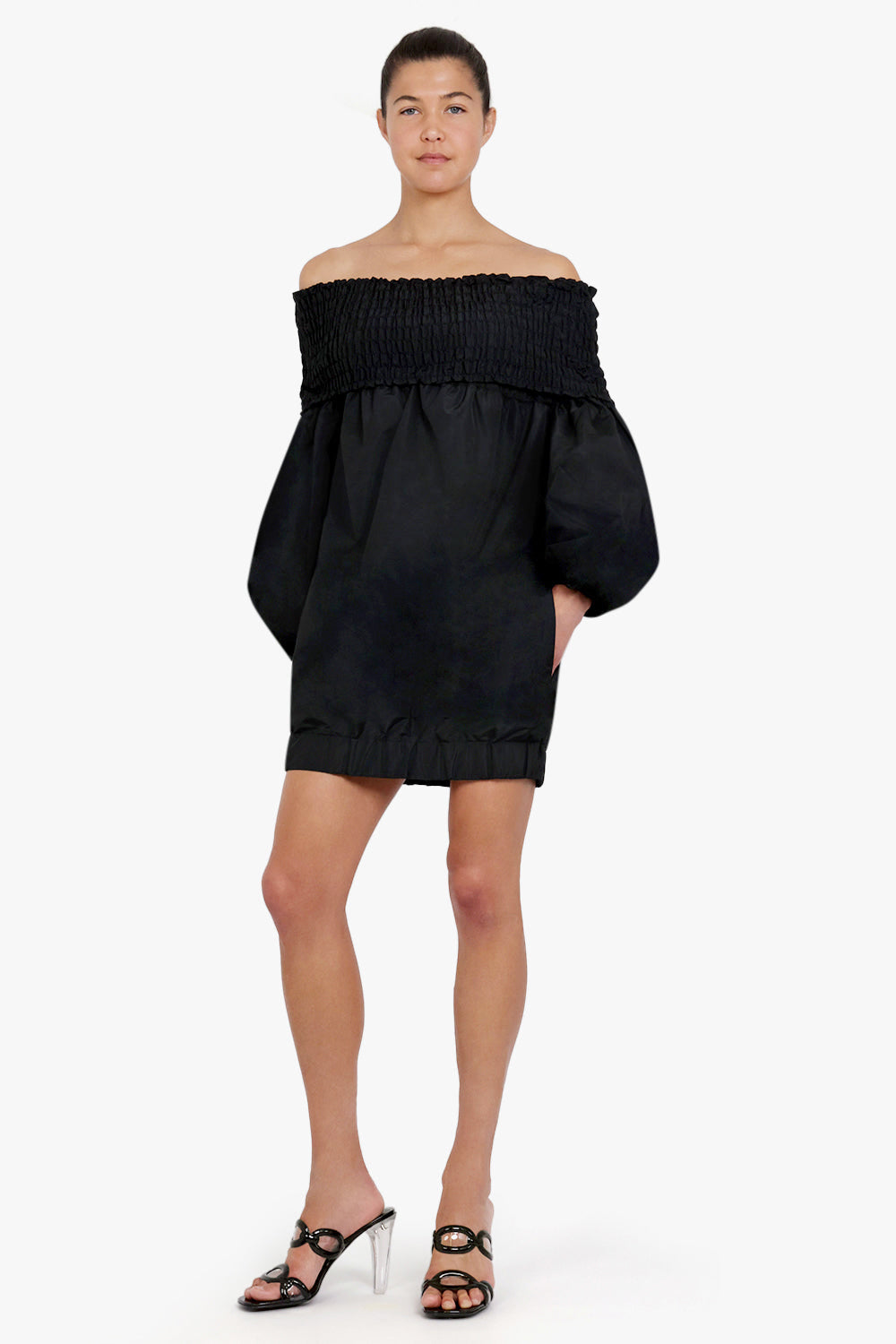 PATOU RTW Off-the-Shoulder Smock Mini Dress in Eco-friendly Faille | Black