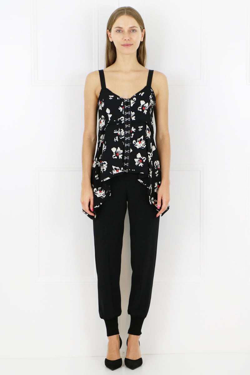 PROENZA SCHOULER RTW BLOSSOM PRINT EYELET A-LINE TOP BLACK