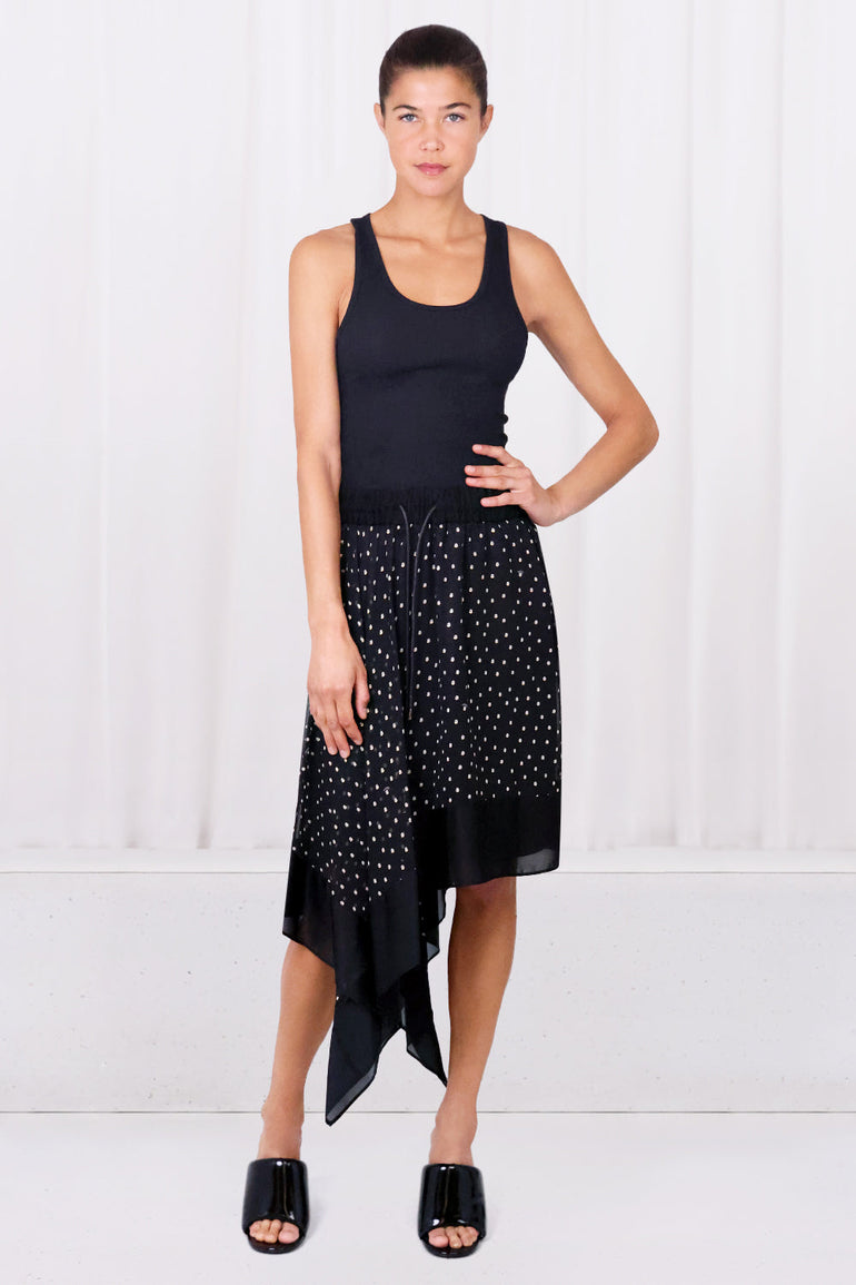 SACAI RTW ASYMMETRIC POLKADOT SKIRT BLACK