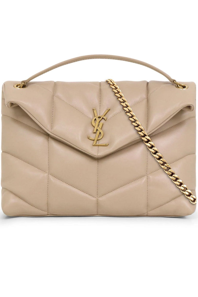 YSL tan medium sized Loulou puffer crossbody purse.