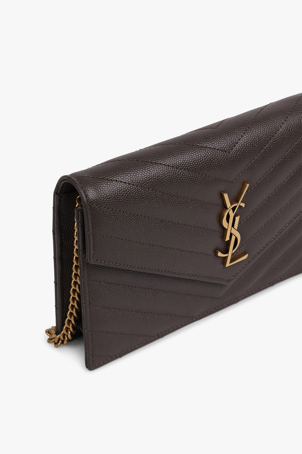 SAINT LAURENT SMALL MONOGRAMME QUILTED CHAIN WALLET PEBBLE GOLD ONLINE ...