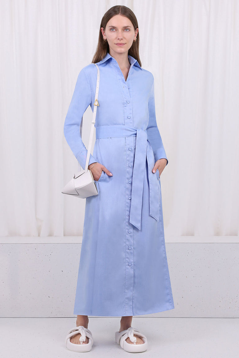 SPARROWS WEAVE DRESSES LONG SLEEVE FITTED DRESS WITH BELT TWILL BLUE