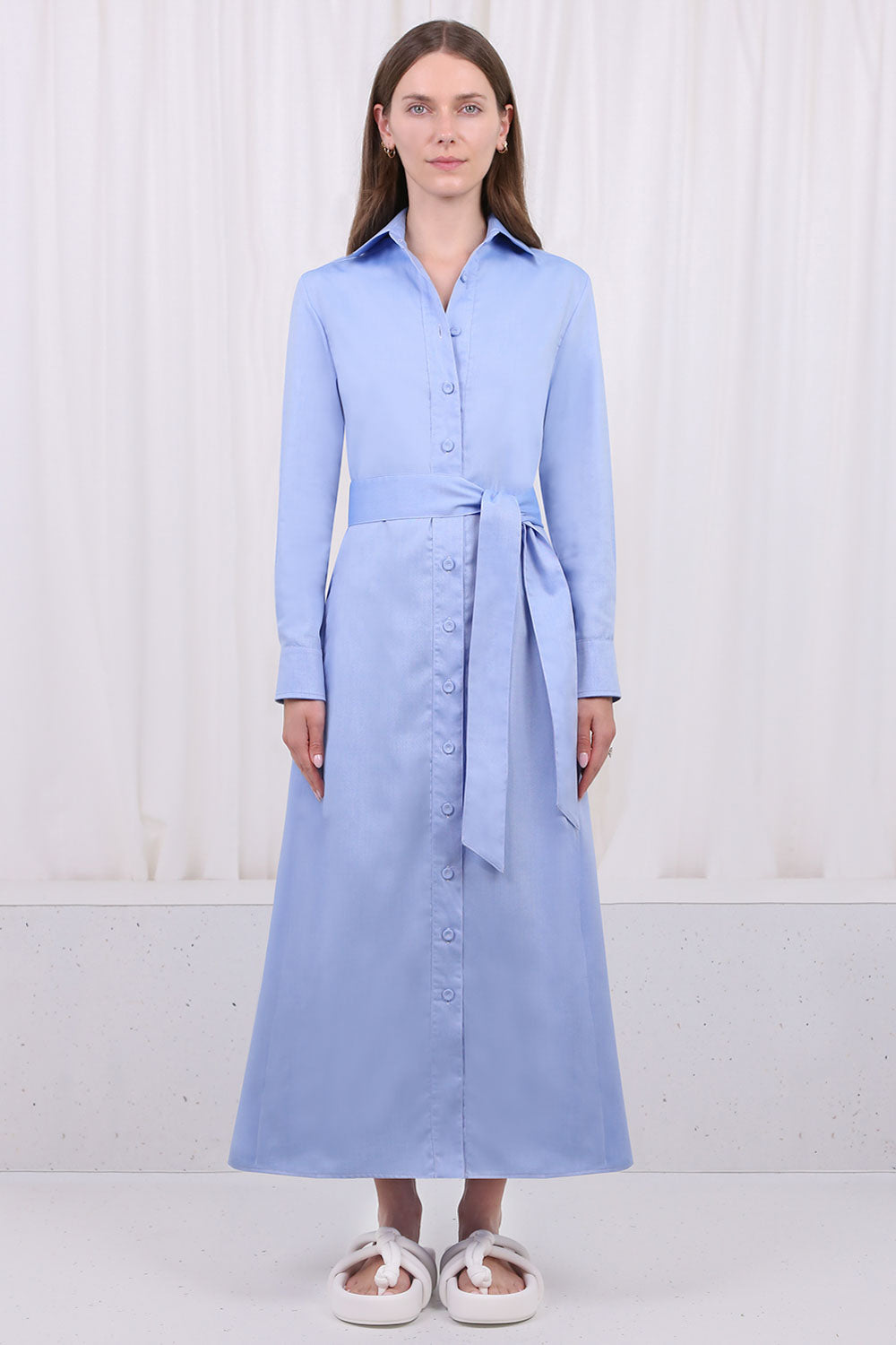 SPARROWS WEAVE RTW LONG SLEEVE FITTED DRESS WITH BELT TWILL BLUE