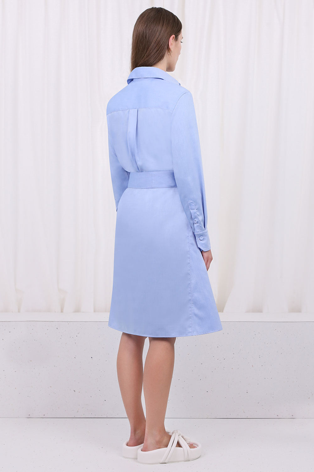 SPARROWS WEAVE RTW MINI LONG SLEEVE FITTED DRESS WITH BELT TWILL BLUE